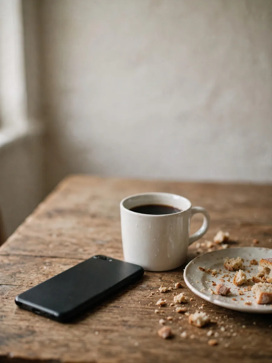 Celular virado para baixo na mesa, ao lado de uma xícara de café